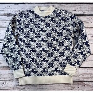 Lord Jeff Vintage Reindeer Snowflake Sweater Small USA Made Fair Isle Blue Ivory